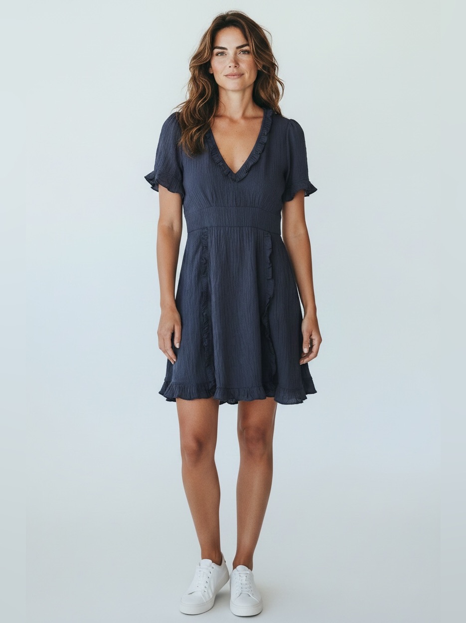 Promesa Short Sleeve Ruffle Hem Dress // Navy // Large